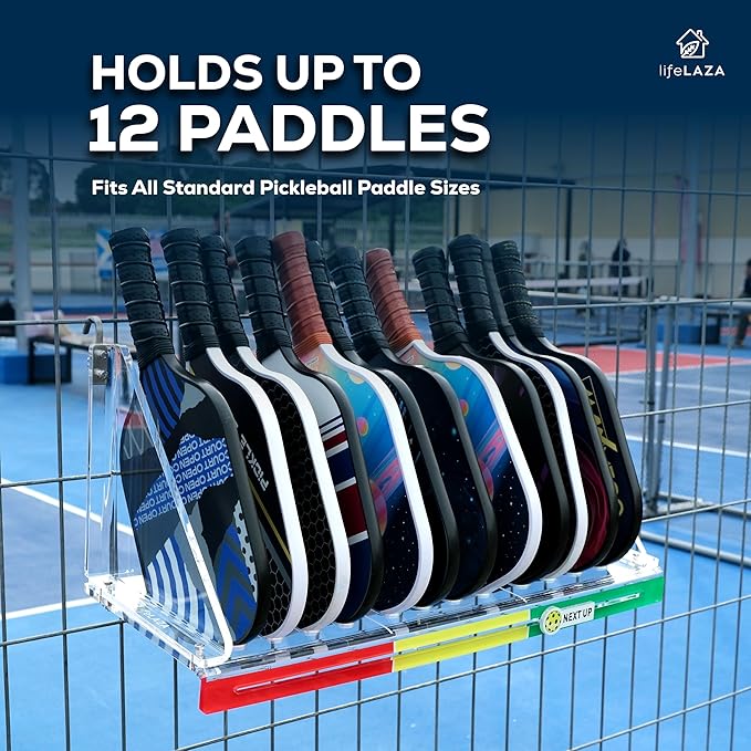 LifeLAZA Acrylic Pickleball Paddle Rack, Premium Pickleball Paddle Holder Holds 12 Paddles, Next Up Slider Tracker Rotation Rack Paddle Up System, Fence Mount Racket Rack Holder