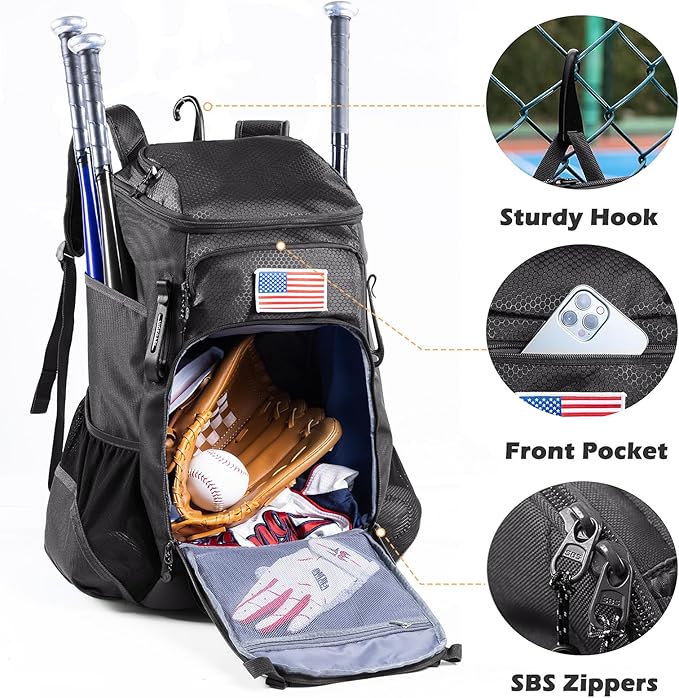 | Baseball Bag Softball Bat Bag, Double-layer Baseball Backpack Adult with Gear Klip To Hold Baseball Glove, Baseball Essential Gear, Youth Baseball Bag for Boys, Girls, Baseball Accessories