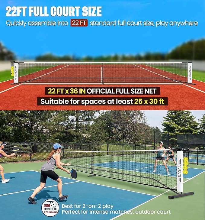 BAGAIL Portable Pickleball Net Set, 22 FT Regulation Size Pickle Ball Net with Ball Collector, 4 Balls and Carry Bag, Easy Setup for Outdoor Indoor Driveway