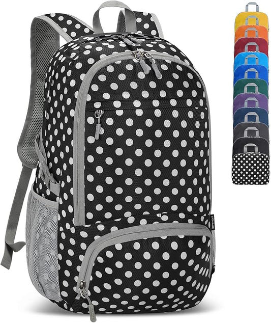 ZOMAKE Lightweight Packable Backpack 30L, Foldable Hiking Backpacks Water Resistant Compact Folding Daypack for Travel(Black，White polka dots)