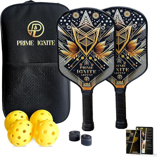 Ascent Pickleball Paddles Set of 2, USAPA Approved Lightweight Fiberglass Paddles, Includes 4 Balls, 2 Extra Grips, and Carrying Bag, Pickleball Rackets Gifts for Beginners & Pros