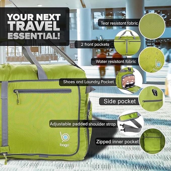 Bago Foldable Duffel Bags for Traveling Women & Men - 60L Medium Packable Duffle Bag for Travel with Shoe Compartment - Water Repellant, Heavy Duty, Lightweight Folding & Collapsible (Green)