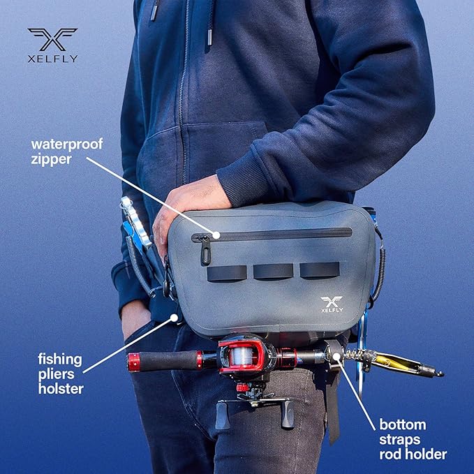 Xelfly Waterproof Fishing Waist Bag with Rod Holder, Padded Waist Straps & Gear Loops - Submersible Zipper, Rugged Top Handle, Adjustable Attachments (Gray)