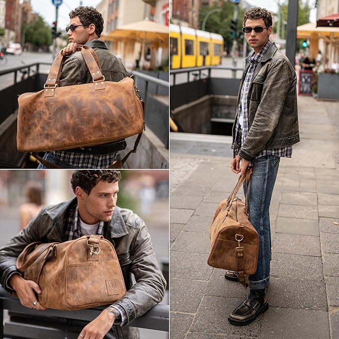 Berliner Bags Vintage Genuine Leather Duffle Bag Oslo for Travel or the Gym, Weekender, Travel Bag with Shoe Compartment, Overnight Bag for Men and Women - Brown