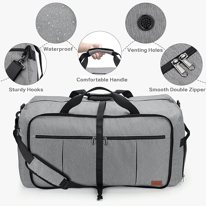 80L Travel Duffle Bag for Men, Large Foldable Duffel Bag for Travel with Shoe Compartment Overnight Weekender Bag Gym Bag for Men Women Waterproof & Tear Resistant (Gray, 80L)