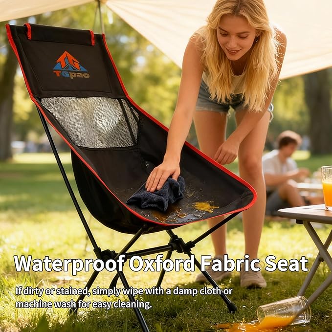 Lightweight Backpacking Folding Chair with Carry Bag,Stable and Sturdy Camping Chairs with Back Support, Fishing, Hiking and Beach Activities (high backrest, Black and red, L)