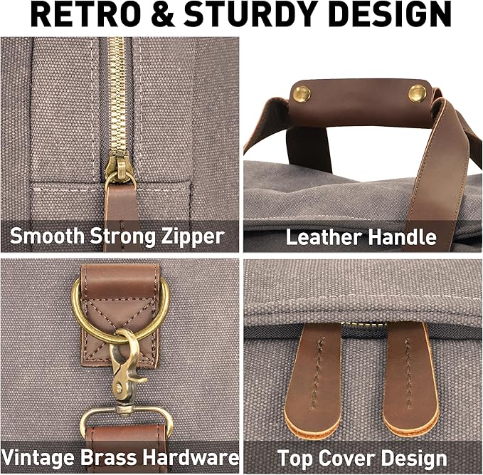 Vintage Canvas Duffle Bag, 50L Genuine Leather Travel Duffel Backpack Multifunctional Overnight Weekender Bag with Shoes Compartment Men (Grey)