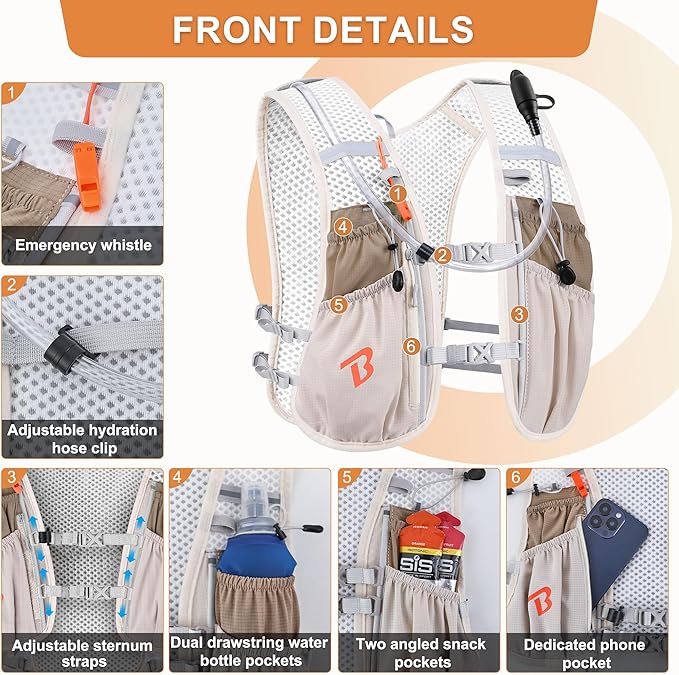 BECOJADDE Running Vest Hydration Backpack for Men Women, 5L Lightweight Running Backpack Hydration Pack for Marathon, Trail, Cycling, Hiking, Jogging