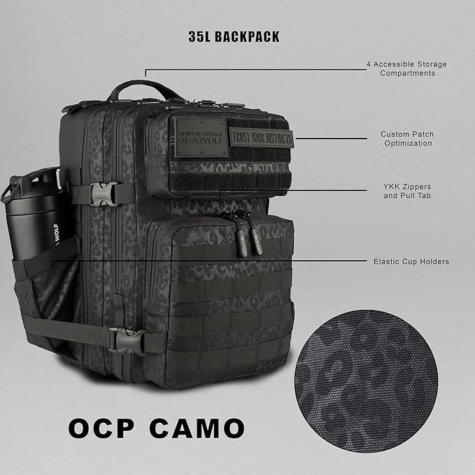 WOLFpak 35L Athletic Gym Backpack - Durable 1000D Waterproof Oxford Material with MOLLE Webbing, Laptop Pocket & Dual Cup Holders, Durable Fitness/Travel/Military Daypack (Black Leopard)