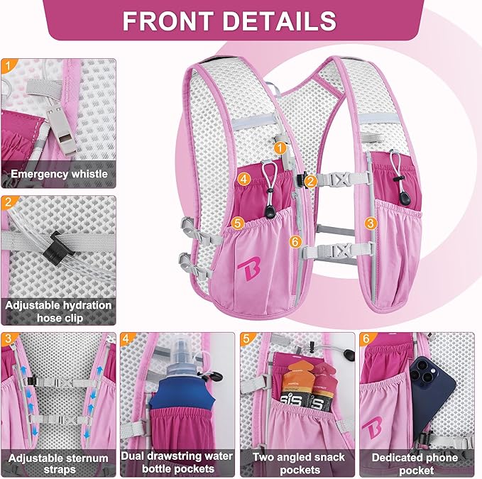 BECOJADDE Running Vest Hydration Backpack for Men Women, 5L Lightweight Running Backpack Hydration Pack for Marathon, Trail, Cycling, Hiking, Jogging