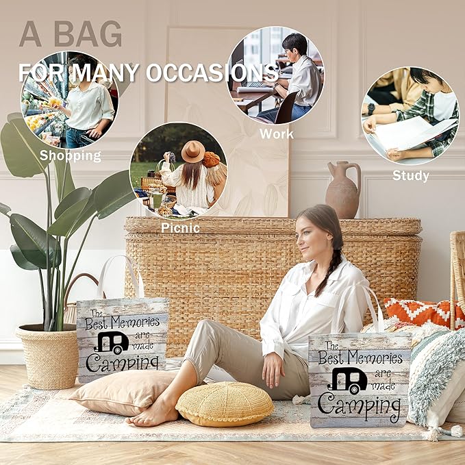 WAlTPl Camping Tote Bag, Camping Gifts for Women Men，RV Camper Travel Canvas Tote Bag, Reusable Grocery Cloth Bags
