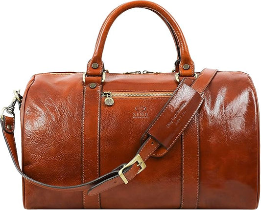 Full Grain Leather Small Duffel Bag Gym Bag Weekender Overnight Unisex Brown - Time Resistance