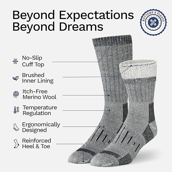 Buttons & Pleats Wool Socks for Men & Women Merino Thermal Warm Cozy Winter Boot Sock