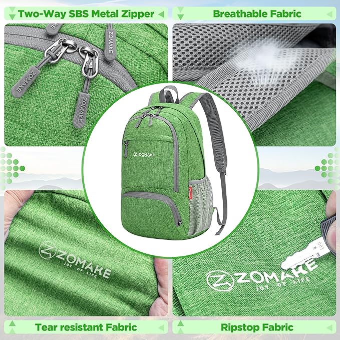 ZOMAKE Ultra Lightweight Packable Backpack 25L,Small Foldable Backpacks Hiking Water Resistant Collapsible Daypack for Women Men(Dark Green-A3)