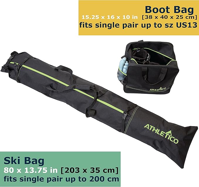 Athletico Ski Bag and Ski Boot Bag Combo - Ski Bags for Air Travel - Unpadded Snow Ski Bags Fit Skis Up to 200cm - For Men, Women, Adults, and Children