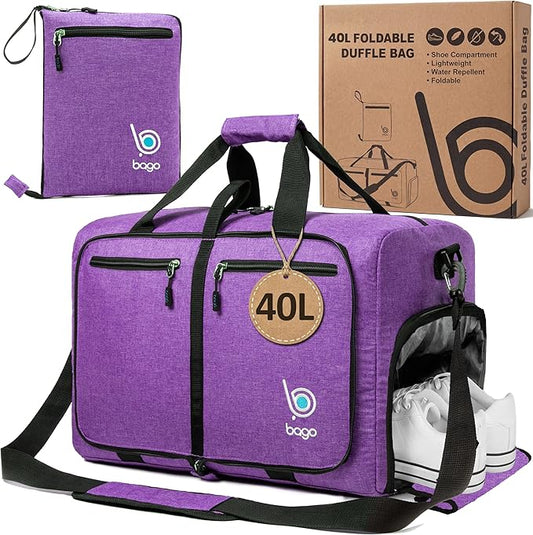 Bago Foldable Duffel Bags for Traveling Women & Men - 40L Sports Packable Duffle Bag for Travel with Shoe Compartment - Water Repellant, Heavy Duty, Lightweight Folding & Collapsible (SnowDepPurple)