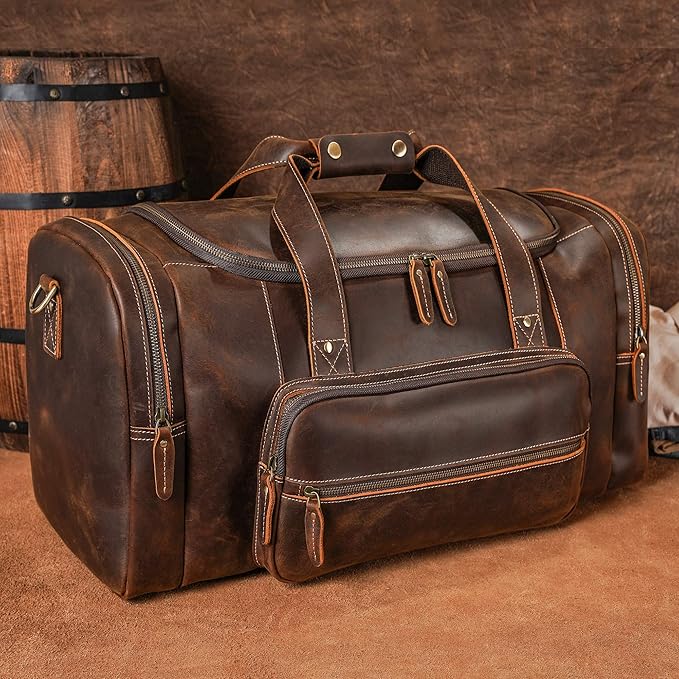 Polare 23" Full Grain Cowhide Leather Gym Duffle Weekender Overnight Travel Duffel Bag For Men