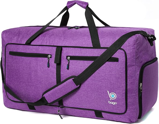 Bago Large Foldable Duffel Bags for Traveling Women & Men - 80L Packable Duffle Bag for Travel with Shoe Compartment - Water Repellant, Heavy Duty, Lightweight Folding & Collapsible (SnowDepPurple)