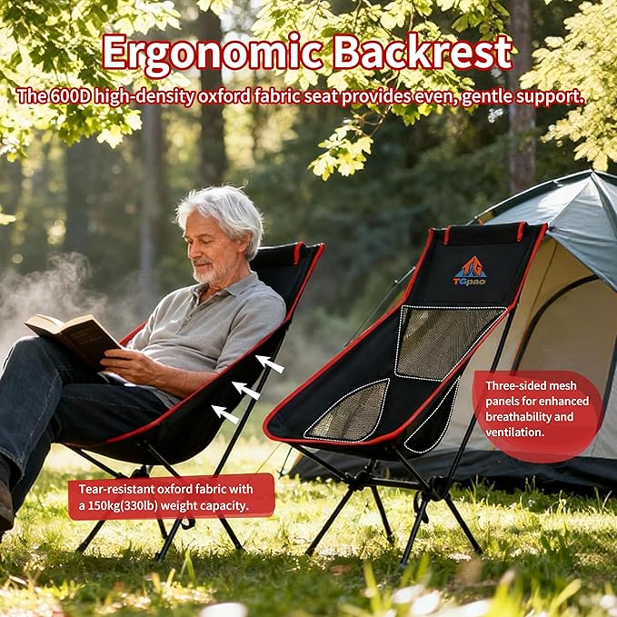 Lightweight Backpacking Folding Chair with Carry Bag,Stable and Sturdy Camping Chairs with Back Support, Fishing, Hiking and Beach Activities (high backrest, Black and red, L)