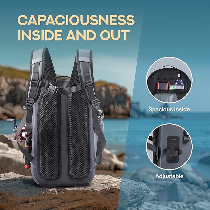 Xelfly Waterproof Fishing Backpack G2 with Rod Holder, Inflatable Air Valve, Padded Waist Straps & Gear Loops - Submersible Zipper, Rugged Top Handle, Adjustable Attachments (Gray)