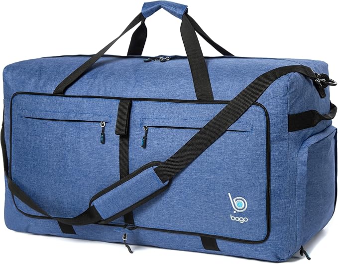 Bago Big XXL Foldable Duffel Bags for Traveling Women & Men - 140L Packable Duffle Bag for Travel with Shoe Compartment - Water Repellant, Heavy Duty, Lightweight Folding & Collapsible (SnowDepBlue)