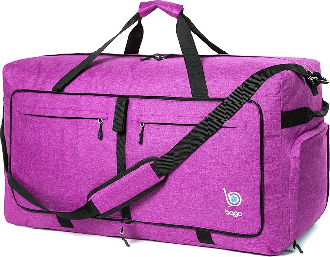 Bago Large Foldable Duffel Bags for Traveling Women & Men - 120L Packable Duffle Bag for Travel with Shoe Compartment - Water Repellant, Heavy Duty, Lightweight Folding & Collapsible (SnowPink)