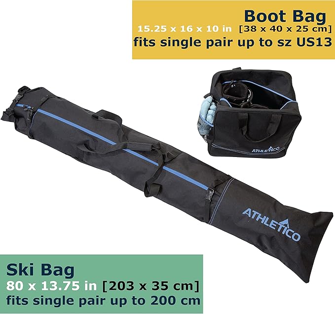Athletico Ski Bag and Ski Boot Bag Combo - Ski Bags for Air Travel - Unpadded Snow Ski Bags Fit Skis Up to 200cm - For Men, Women, Adults, and Children