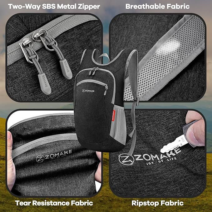 ZOMAKE Ultra Lightweight Packable Backpack 10L,Small Foldable Backpacks Hiking Water Resistant Collapsible Daypack for Women Men(Black-A1)