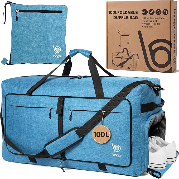 Bago Large Foldable Duffel Bags for Traveling Women & Men - 100L Packable Duffle Bag for Travel with Shoe Compartment - Water Repellant, Heavy Duty, Lightweight Folding & Collapsible (SnowBlue)
