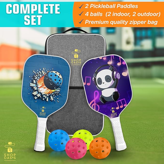 Kids Pickleball Paddles (Set of 2), Child Size Paddles, Lightweight Honeycomb Core, Fiberglass Strike Face, 2 Youth Rackets with 4 Balls and Premium Zipper Bag