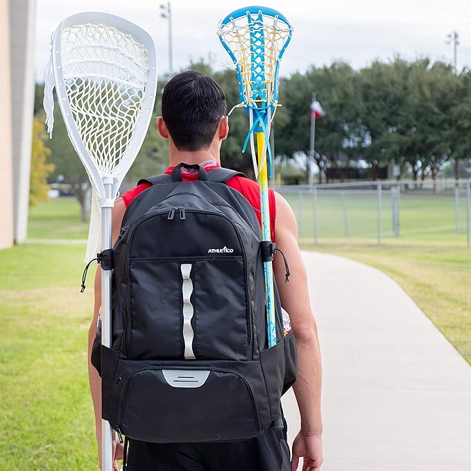 Athletico Lacrosse Bag - Extra Large Backpack for Field Hockey Equipment - Two Stick Holders and Separate Cleats Compartment