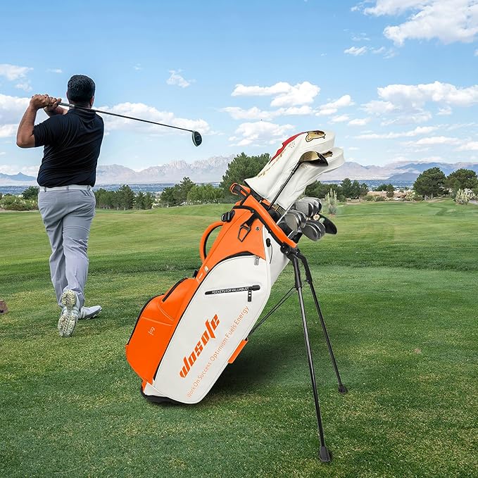 WOSOFE PU Golf Bag with 6/14 Way Top Dividers Automatically Adjustable Dual Straps Elegant Design for Men Women Pu Golf Stand Bag with Multiple Pockets