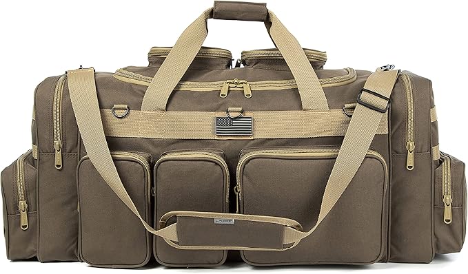 K-Cliffs Tactical Range Duffel Heavy Duty Large Gear Duffle Durable Quality Travel Sports Gym Equipment Bag Military Molle with Lockable Zippers with US Flag Patch 33 Inch Khaki