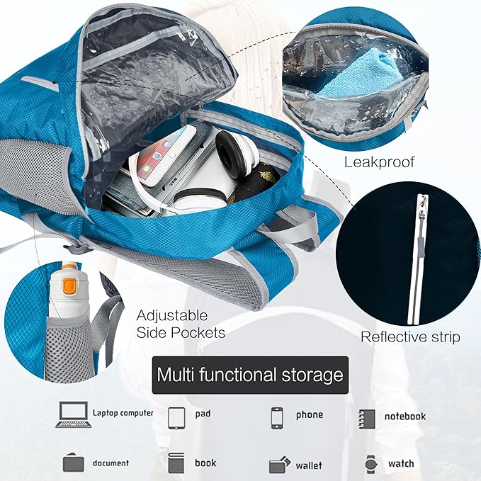 35L Waterproof Backpack Beach Foldable Lightweight Dry Wet Split Hiking Backpack Men Women Blue