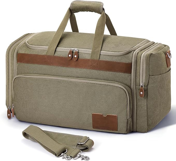 SHOWKOO Duffle Bag for Travel 60L Expandable Canvas Travel Bag Durable Vintage Weekender Overnight Carry On Bag for Men(Army Green)