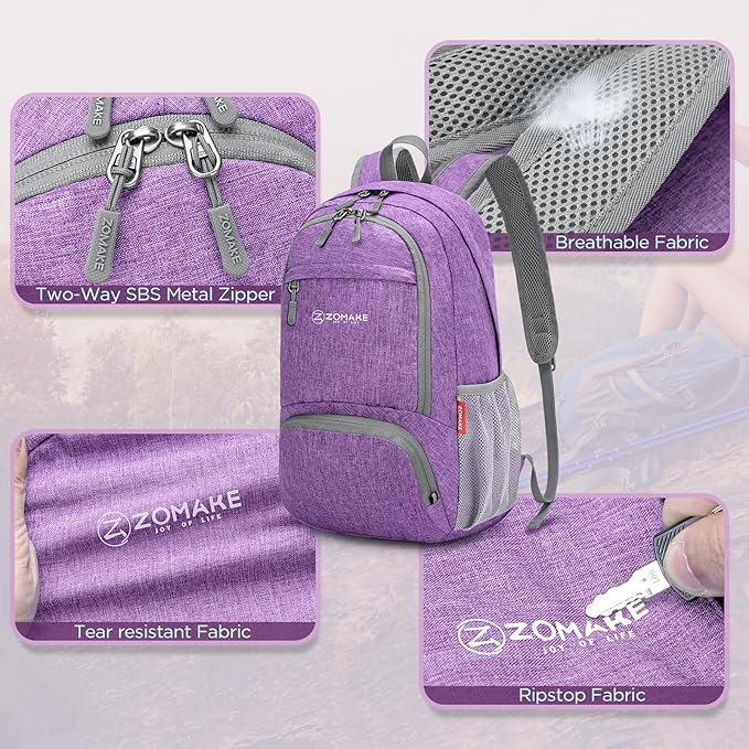 ZOMAKE Ultra Lightweight Packable Backpack 20L,Small Foldable Backpacks Hiking Water Resistant Collapsible Daypack for Women Men(Light Purple-C2)