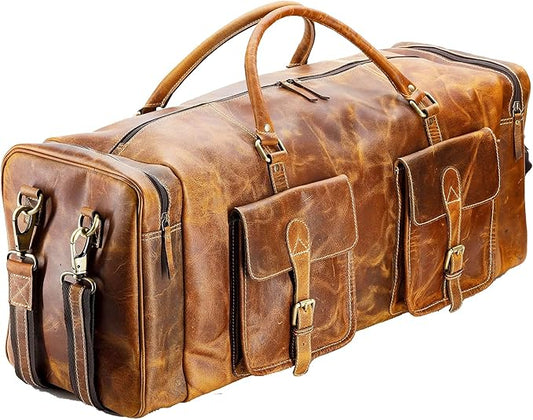 KomalC 28 inch Duffel Bag Travel Sports Overnight Weekend Leather Duffle Bag for Gym Sports Cabin Holdall bag (Distressed Tan)
