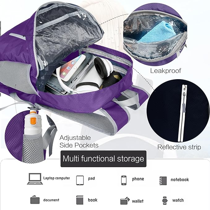 35L Waterproof Backpack Beach Foldable Lightweight Dry Wet Split Hiking Backpack Men Women Purple