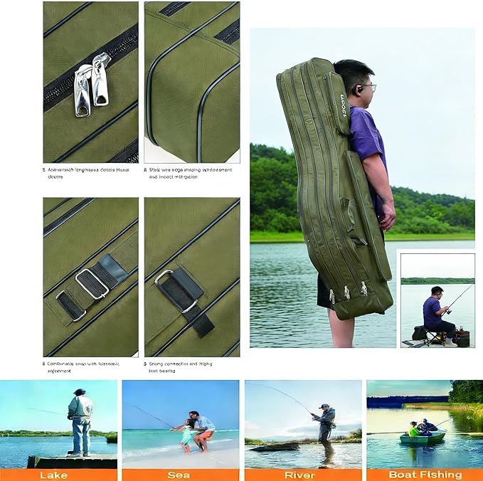 3 Layers Fishing Pole Bag,Portable 3 Layers Oxford Folding Rod Carry Case,Fishing Reel Tackle Storage Bag Case