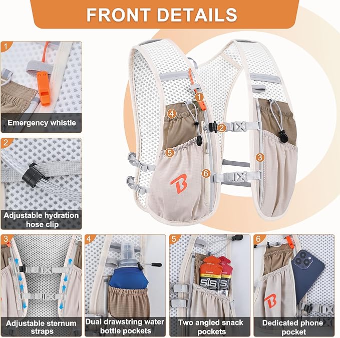 BECOJADDE Running Vest Hydration Backpack for Men Women, 5L Lightweight Running Backpack Hydration Pack for Marathon, Trail, Cycling, Hiking, Jogging