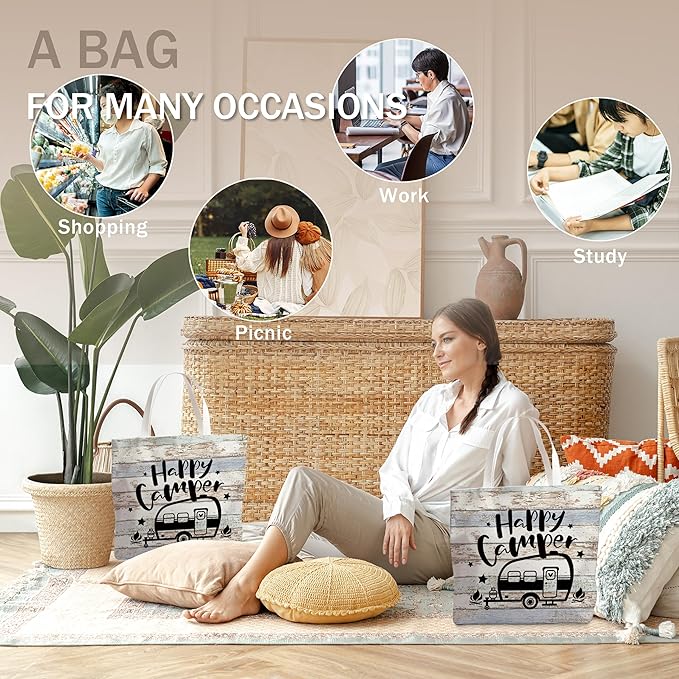 WAlTPl Camping Tote Bag, Camping Gifts for Women Men，RV Camper Travel Canvas Tote Bag, Reusable Grocery Cloth Bags