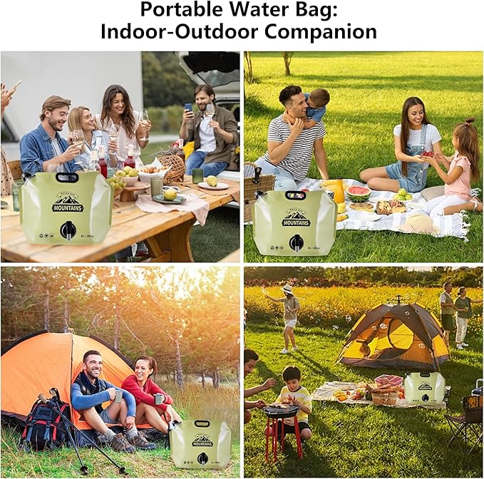 Collapsible 8L Water Storage Bag, BPA-Free Portable Folding Water Jug with Adjustable Faucet, Leakproof Emergency Water Bag for Camping, Hiking, Riding, Outdoor Sport (2, Beige & Green)