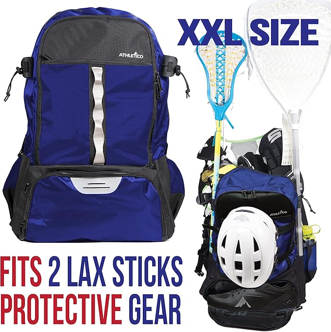 Athletico Lacrosse Bag - Extra Large Backpack for Field Hockey Equipment - Two Stick Holders and Separate Cleats Compartment