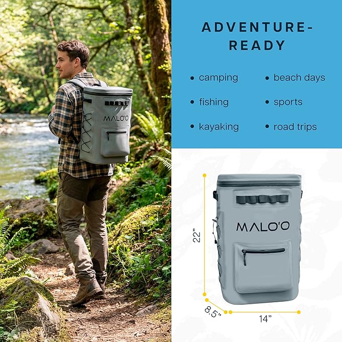 Malo'o Pro Adventure Insulated Backpack Cooler Holds 30 Cans for 48 Hours - Perfect for Camping, Hiking, Fishing, Kayaking, Sports, or Beach