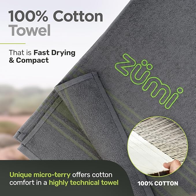 Zumi 100% Cotton Quick Dry Large Travel Towel - Soft, Thin, Compact, Highly Absorbent, Lightweight Camping Towel for Beach, Gym, Bath, Shower, Swimming, Dorm, RV - Gray