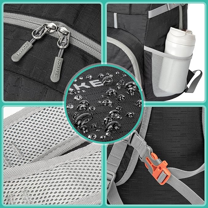 ZOMAKE Lightweight Packable Backpack 35L, Light Foldable Backpacks Water Resistant Collapsible Hiking Bag, Compact Folding Day Pack for Travel Camping(Graphite black)