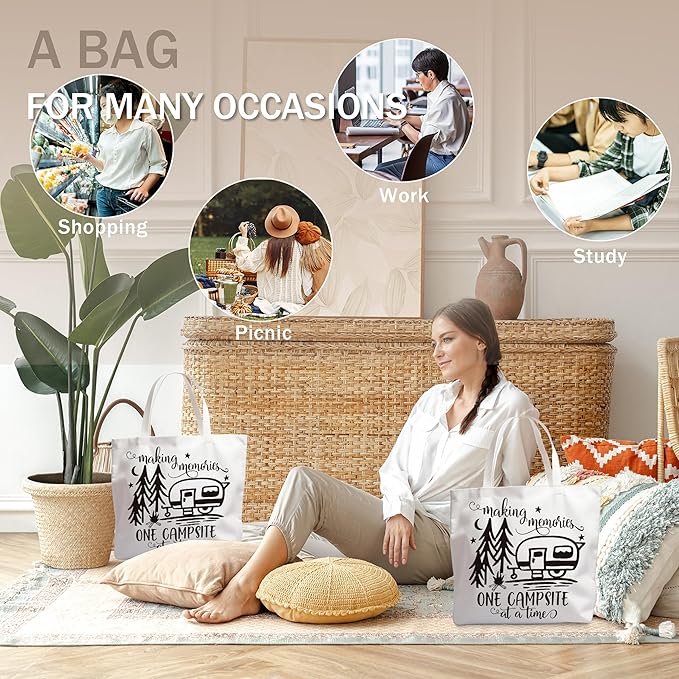 WAlTPl Camping Tote Bag, Camping Gifts for Women Men，RV Camper Travel Canvas Tote Bag, Reusable Grocery Cloth Bags