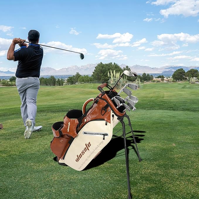 WOSOFE PU Golf Bag with 6/14 Way Top Dividers Automatically Adjustable Dual Straps Elegant Design for Men Women Pu Golf Stand Bag with Multiple Pockets