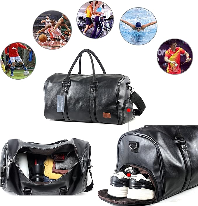 Leather Travel Bag with Shoe Pouch, Waterproof Weekender Overnight Bag, Carry On Duffel Bag for Men Women-Black