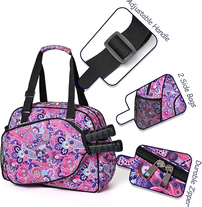 Boulder Bee Pickleball Bags, Premium Pickleball Tote Bag for Girls, Women’s Hand/Shoulder Gym Bag w Water Bottle Holder, with Pickleball Racquet/Paddle Holder